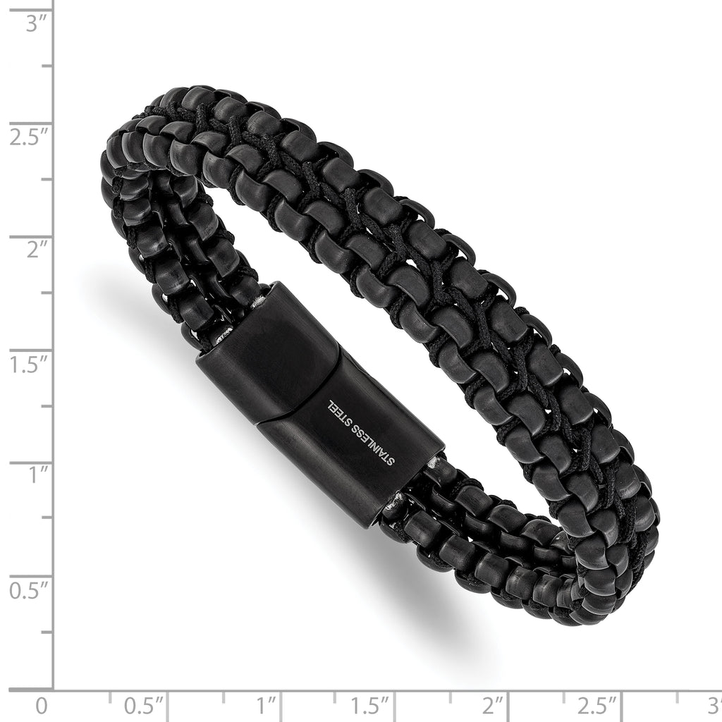 Men's Brushed and Polished Black Stainless Steel Box Chain Bracelet 12mm