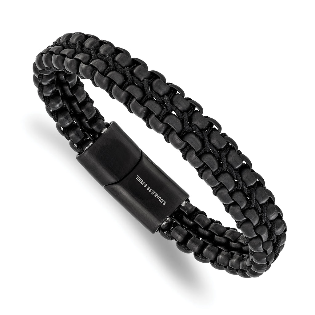 Men's Brushed and Polished Black Stainless Steel Box Chain Bracelet 12mm