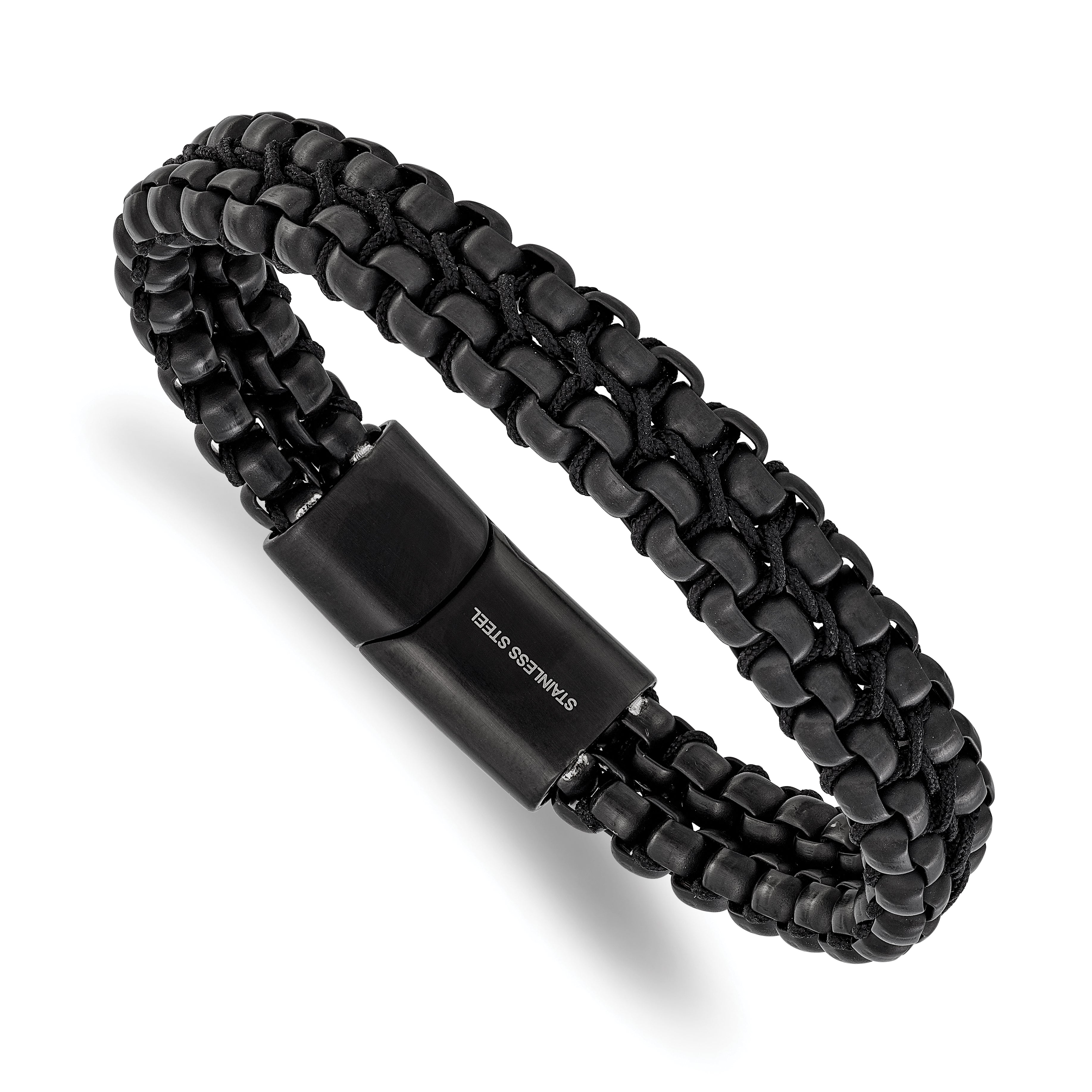 Men's Brushed and Polished Black Stainless Steel Box Chain Bracelet 12mm