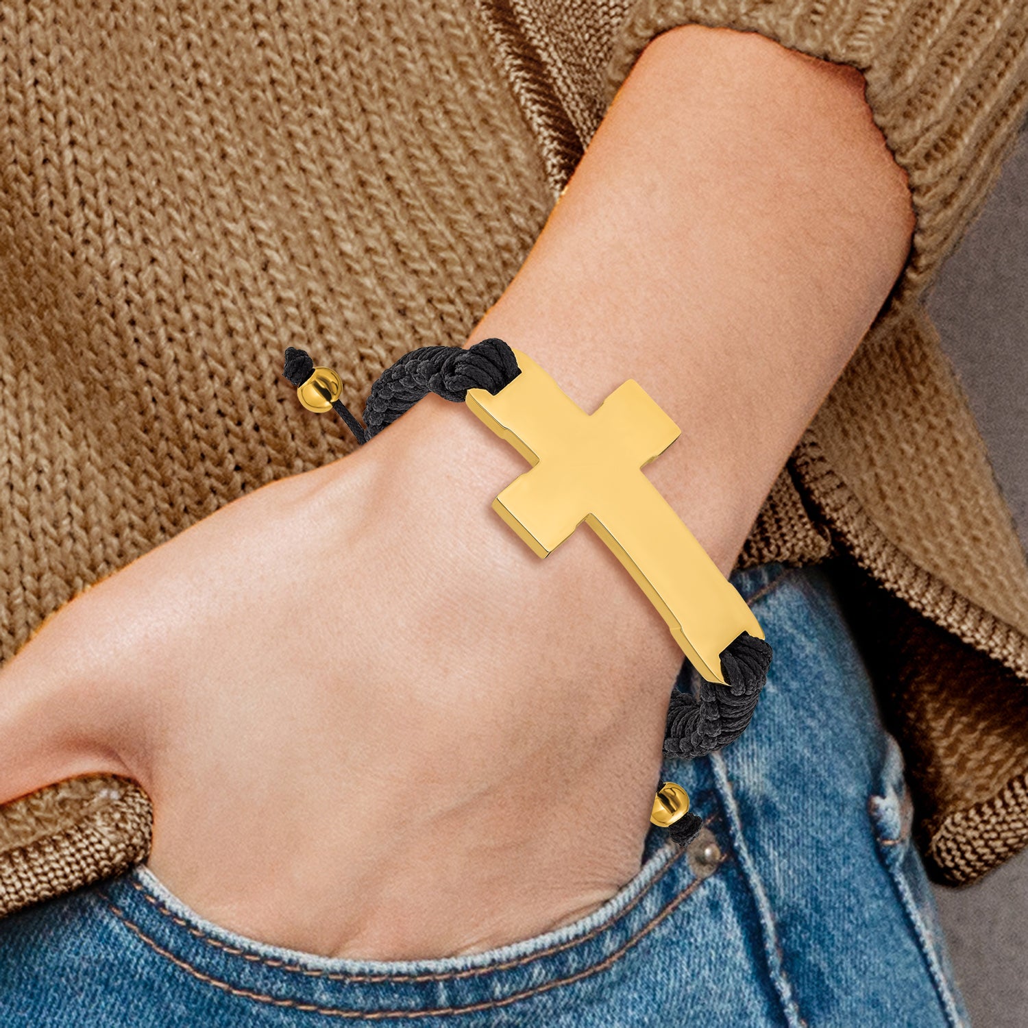 Men's Gold-Tone Polished Cross Stainless Steel Nylon Chain Bracelet 11mm