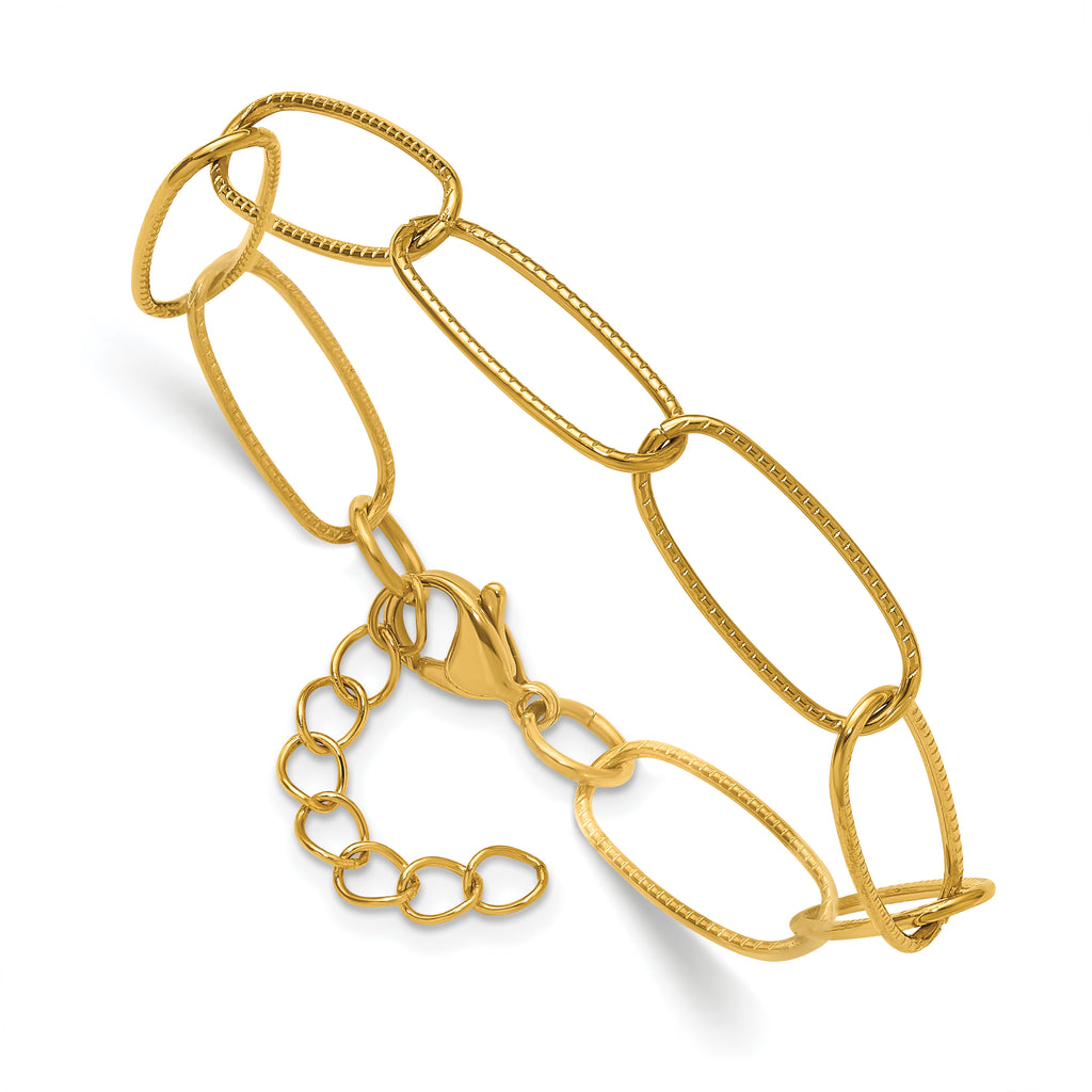 Gold-Tone Polished Textured Stainless Steel Open Link Chain Bracelet 8mm