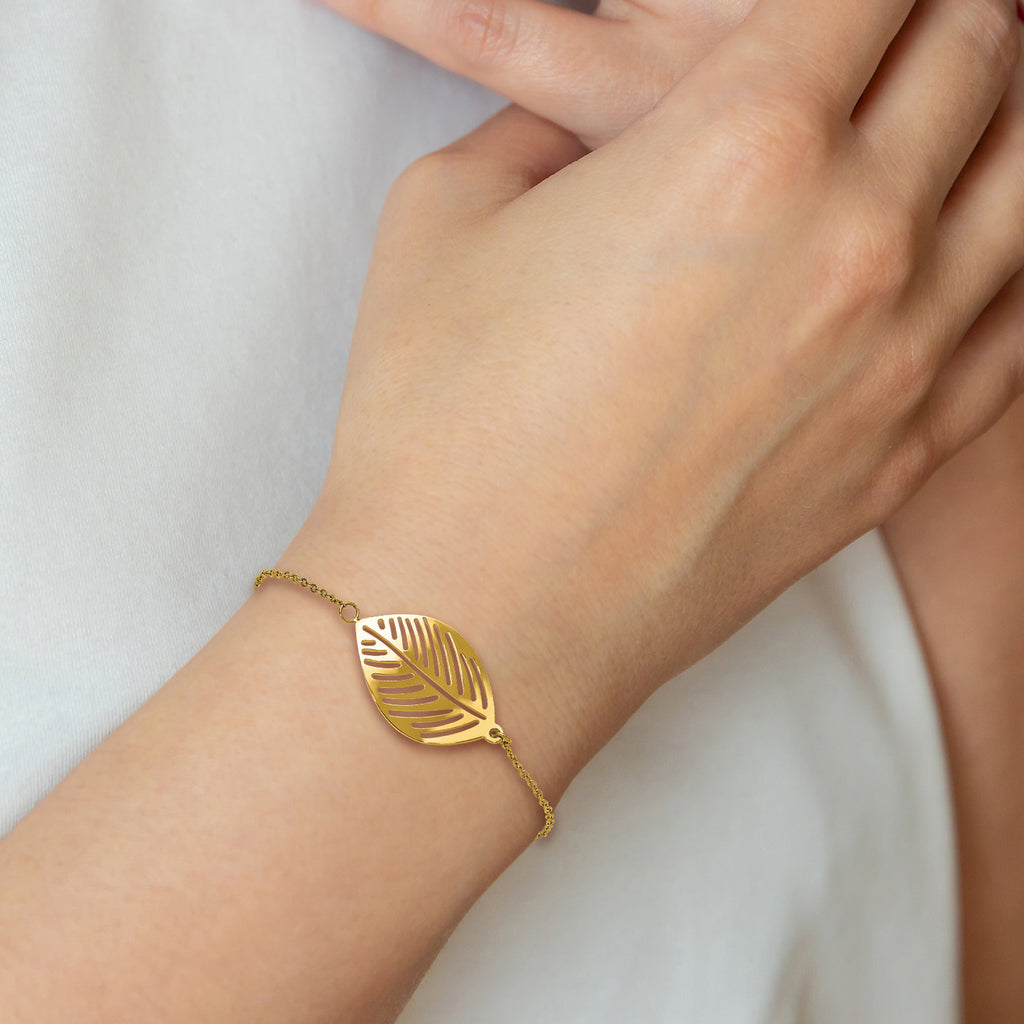 Gold-Tone Polished Leaf Stainless Steel Cable Chain Bracelet 1mm