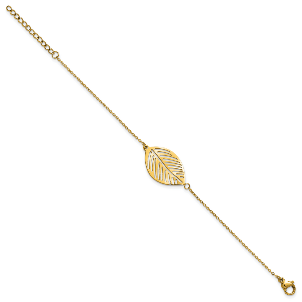 Gold-Tone Polished Leaf Stainless Steel Cable Chain Bracelet 1mm