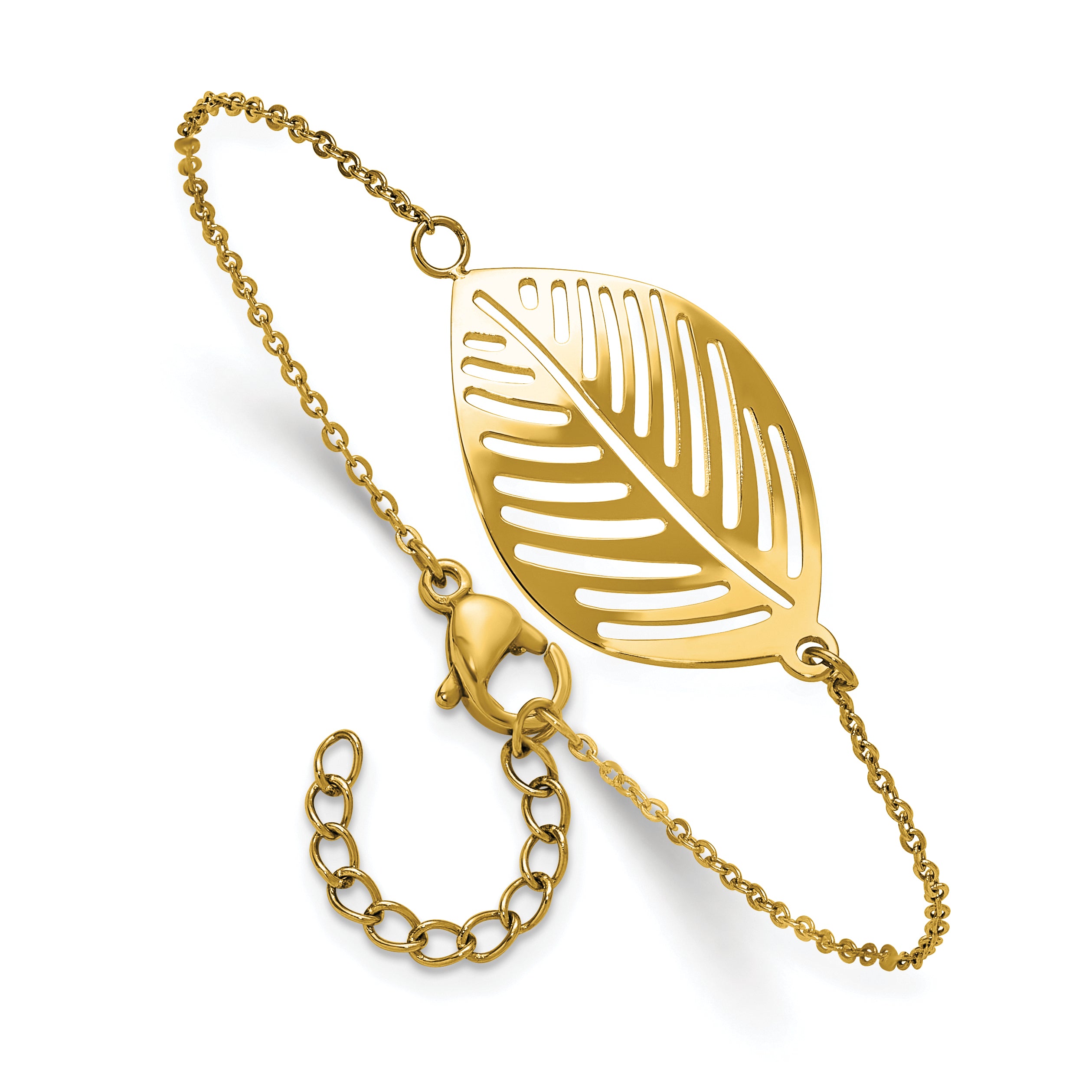 Gold-Tone Polished Leaf Stainless Steel Cable Chain Bracelet 1mm