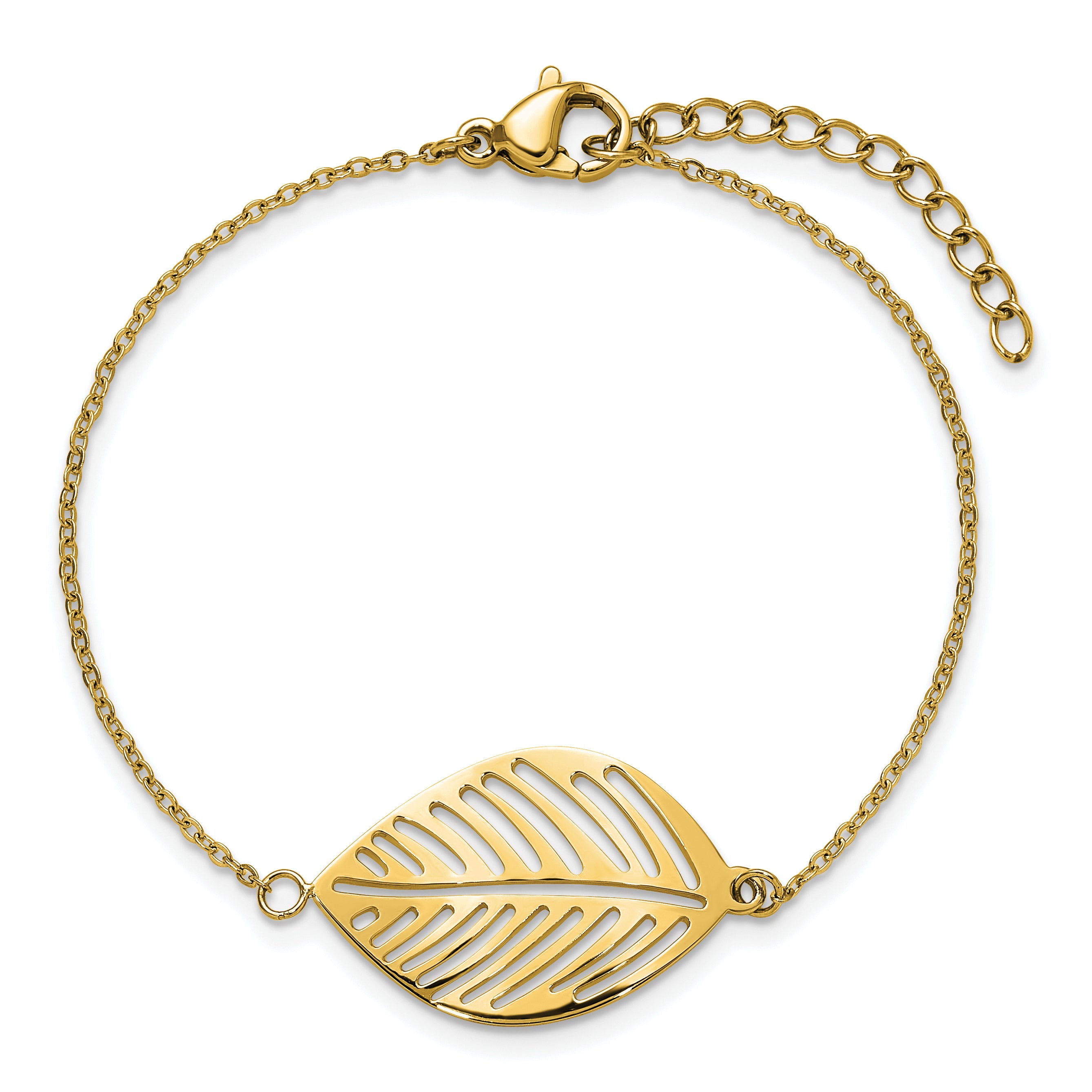 Gold-Tone Polished Leaf Stainless Steel Cable Chain Bracelet 1mm