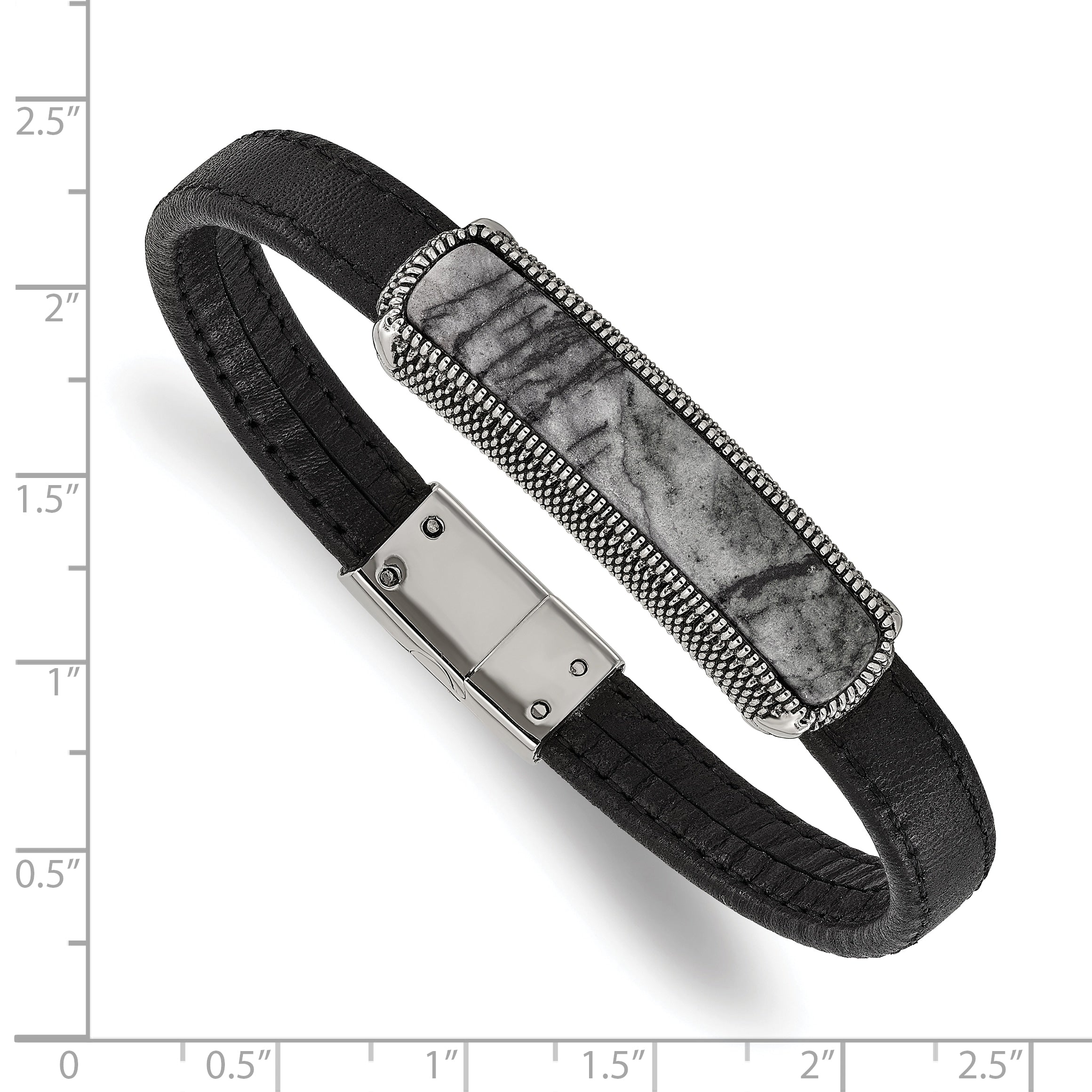 Men's Polished Grey Jasper Leather Stainless Steel Bracelet 8mm