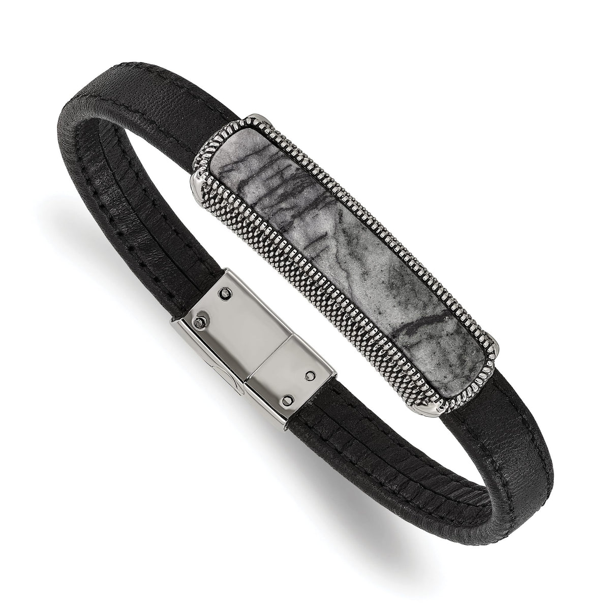 Chisel Men's Picasso Jasper Black Leather Bracelet in Stainless Steel, 8mm - Sophia Jewelers Main image