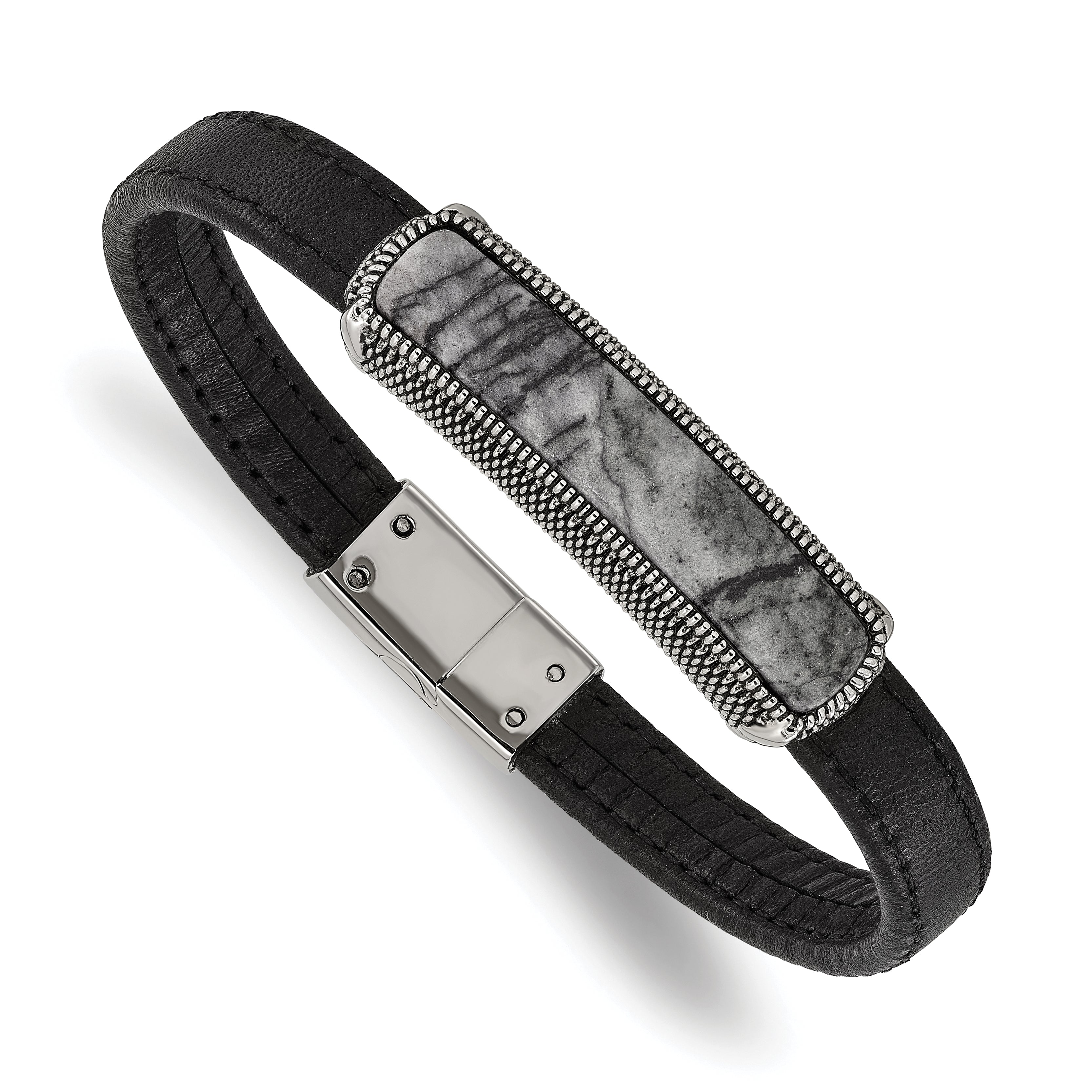 Men's Polished Grey Jasper Leather Stainless Steel Bracelet 8mm