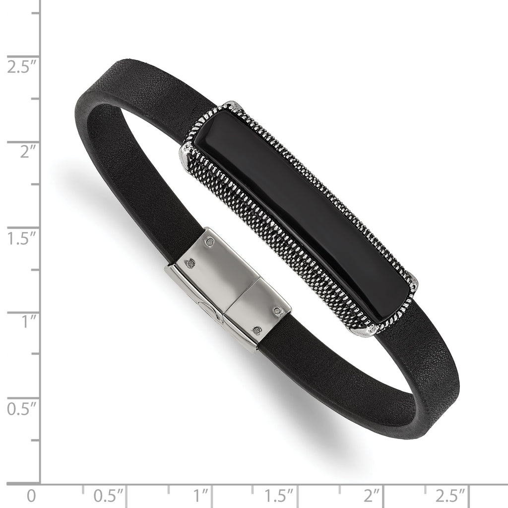 Men's Antiqued Black Agate Leather Stainless Steel Bracelet 8mm
