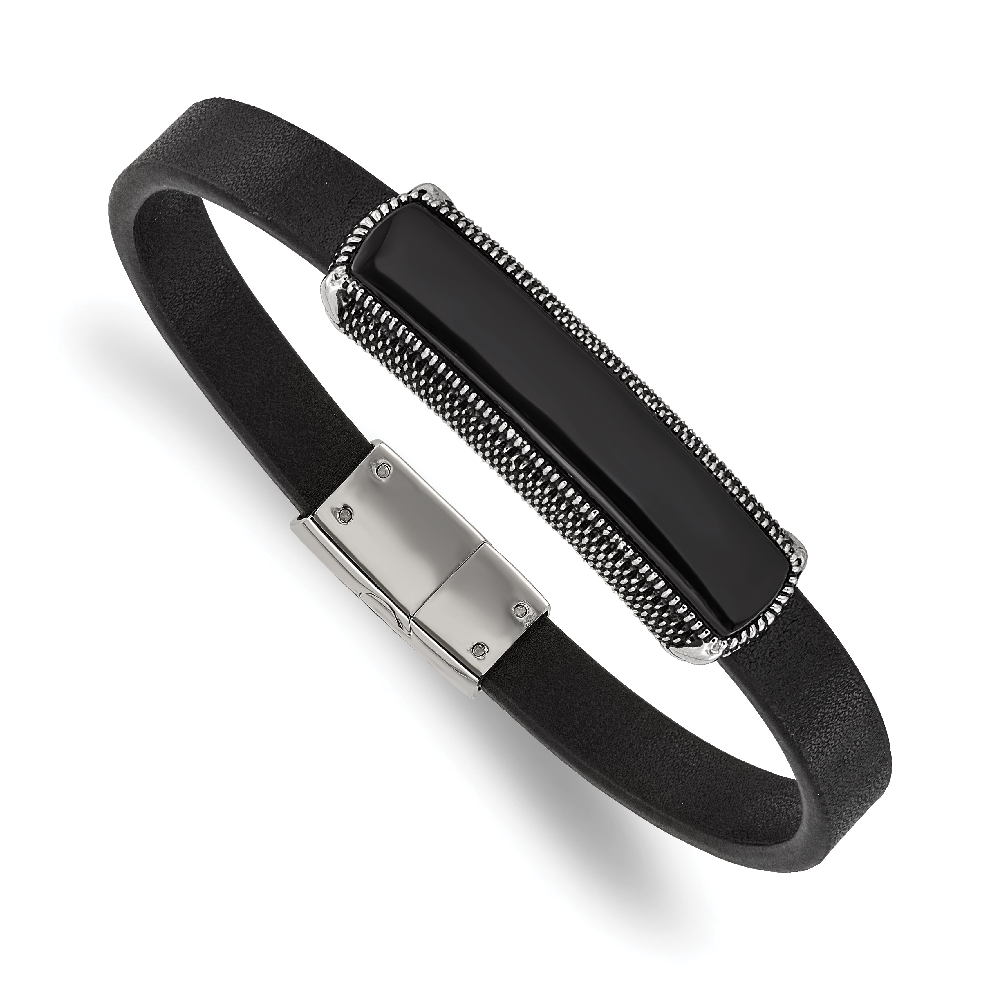 Men's Antiqued Black Agate Leather Stainless Steel Bracelet 8mm Main image
