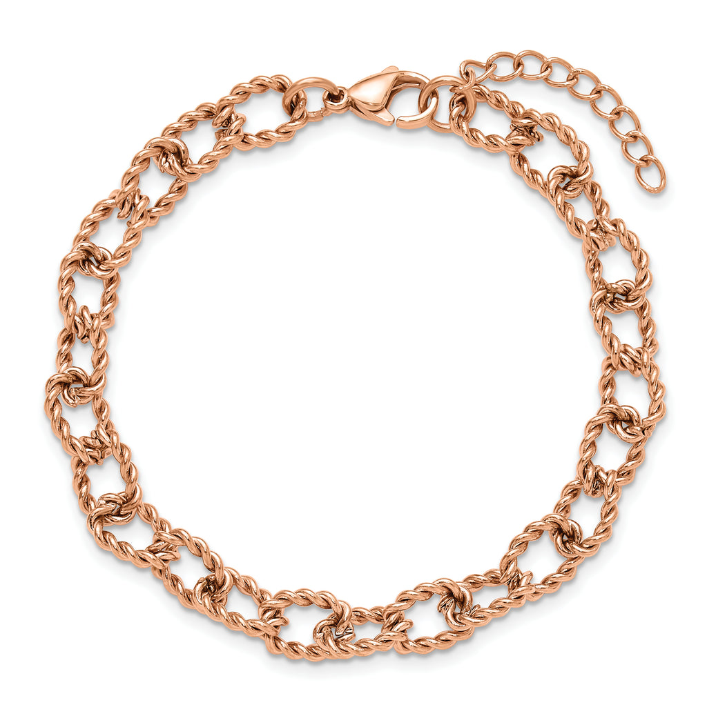 Rose-Tone Polished Textured Stainless Steel Link Bracelet 7mm