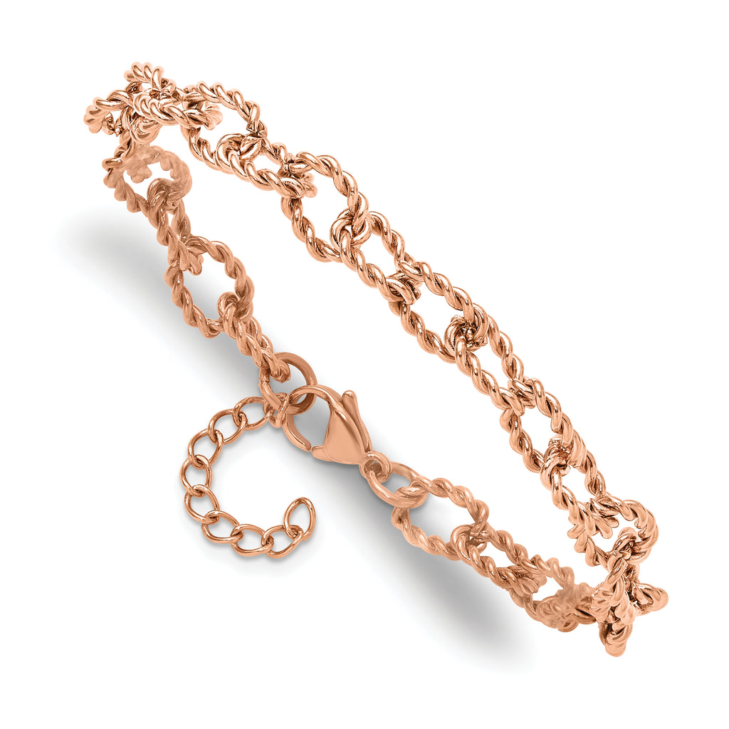 Rose-Tone Polished Textured Stainless Steel Link Bracelet 7mm