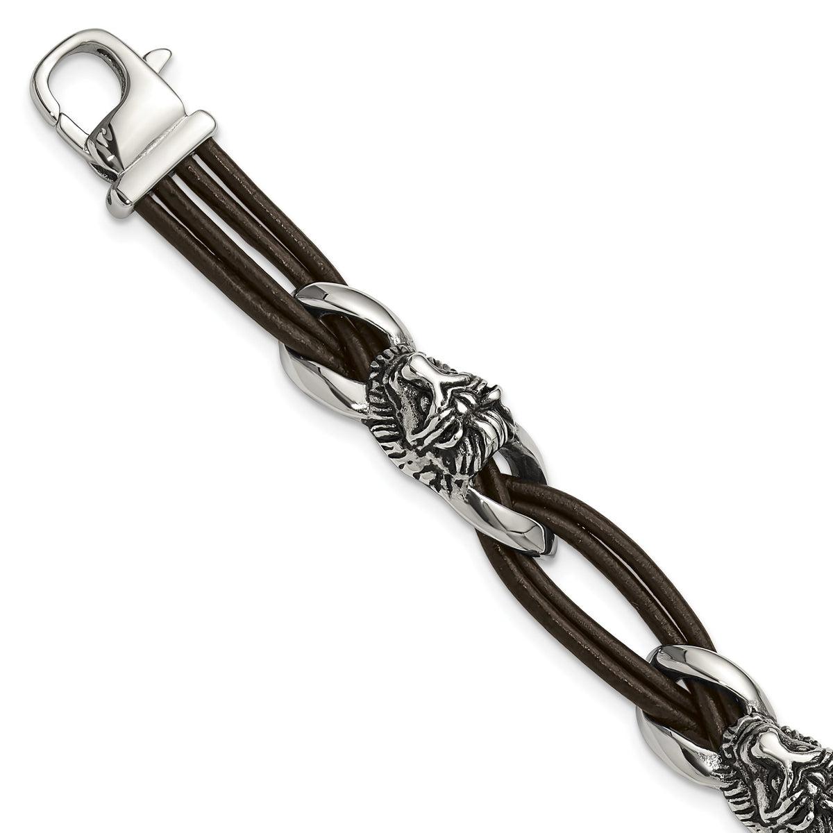 Chisel Men's Head Dark Brown Leather Bracelet in Stainless Steel, 8.5 Inch - Sophia Jewelers Main image