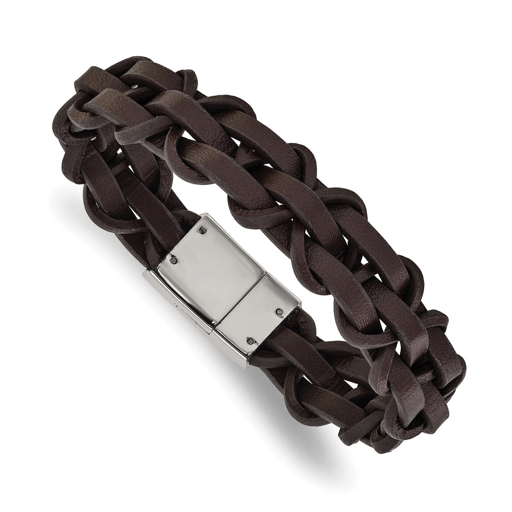 Men's Polished Leather Stainless Steel Bracelet 16mm