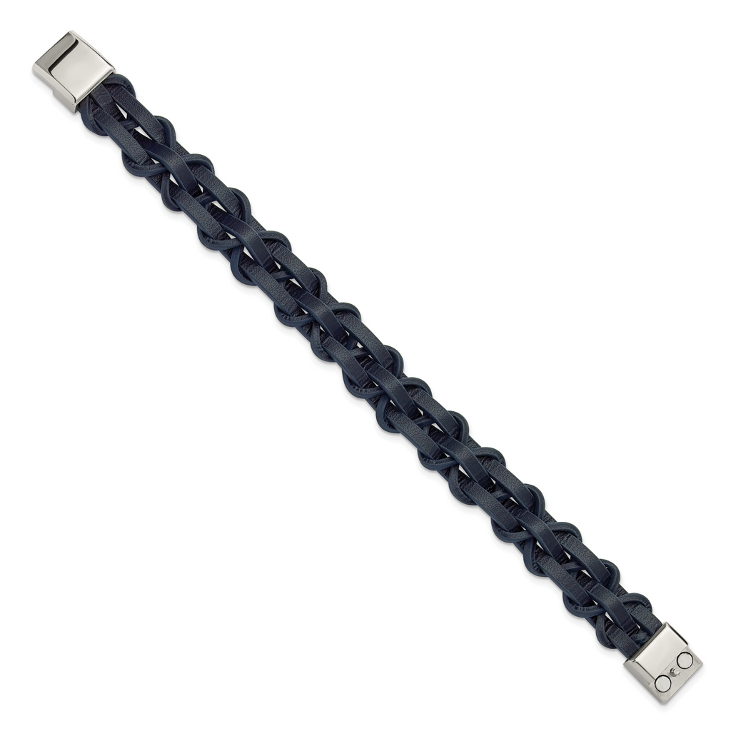 Men's Polished Leather Stainless Steel Bracelet 16mm 8.5in