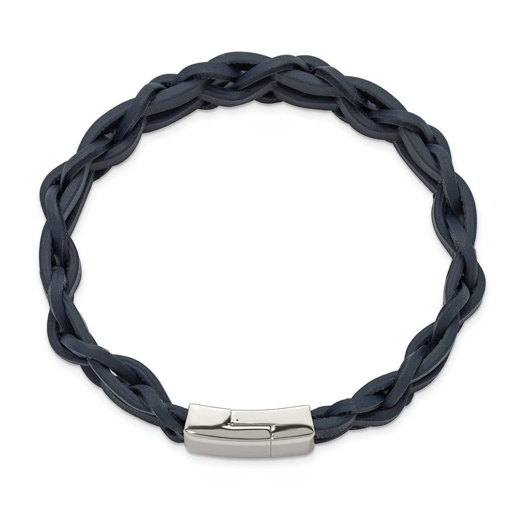 Men's Polished Leather Stainless Steel Bracelet 16mm 8.5in