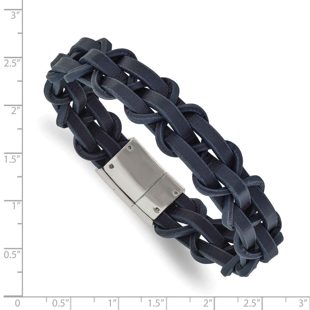 Men's Polished Leather Stainless Steel Bracelet 16mm 8.5in