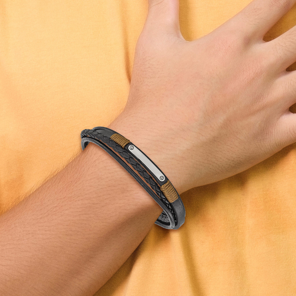 Men's Polished Leather Stainless Steel Bracelet 4mm