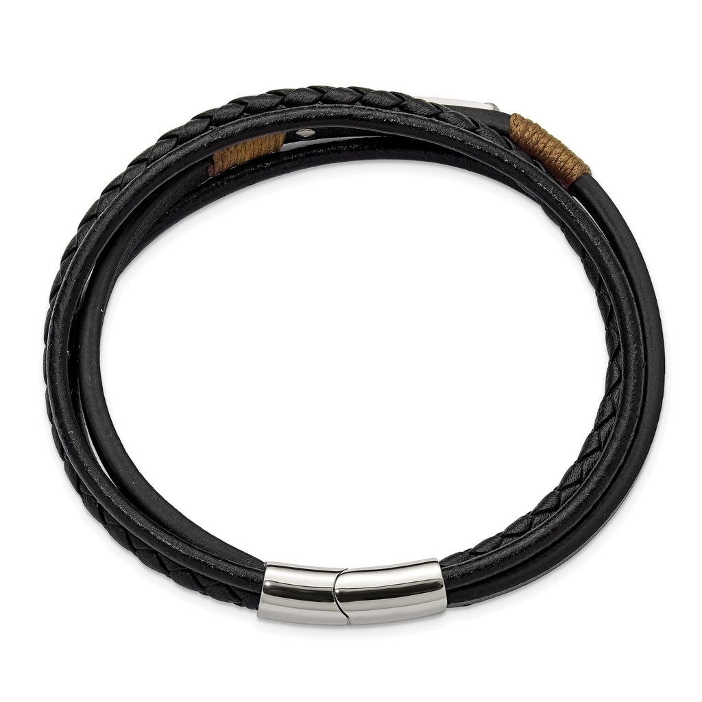 Men's Polished Leather Stainless Steel Bracelet 4mm