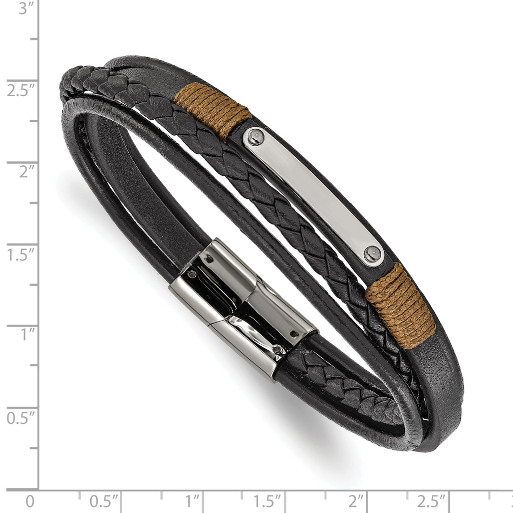 Men's Polished Leather Stainless Steel Bracelet 4mm
