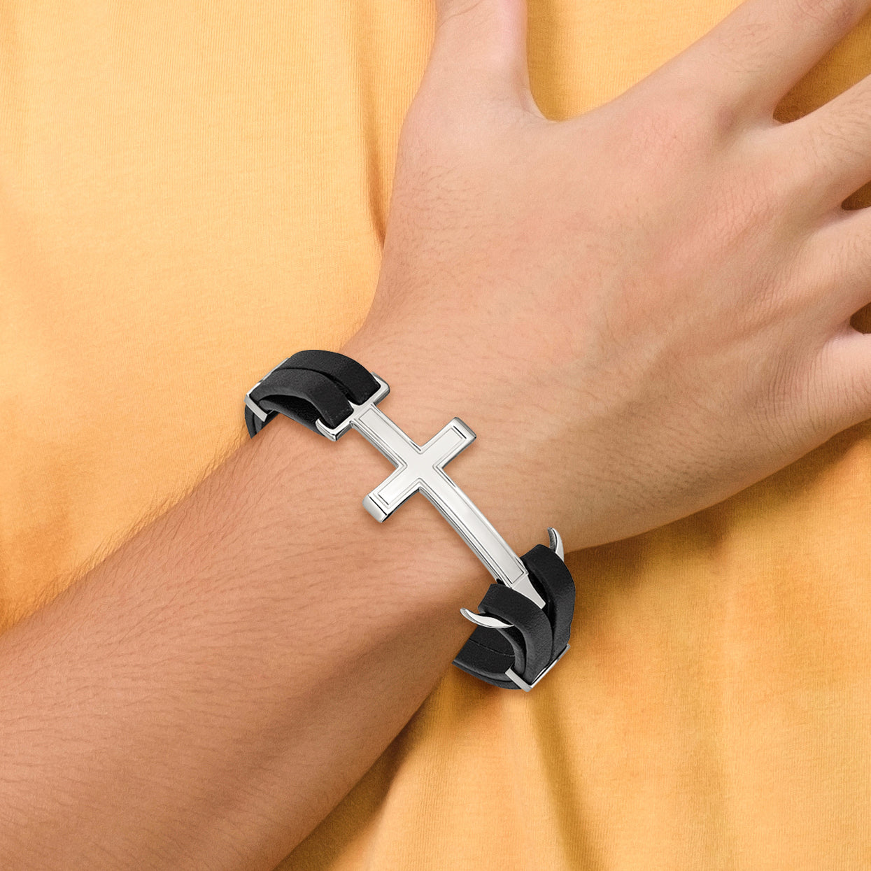 Men's Polished Cross Stainless Steel Bracelet 10mm