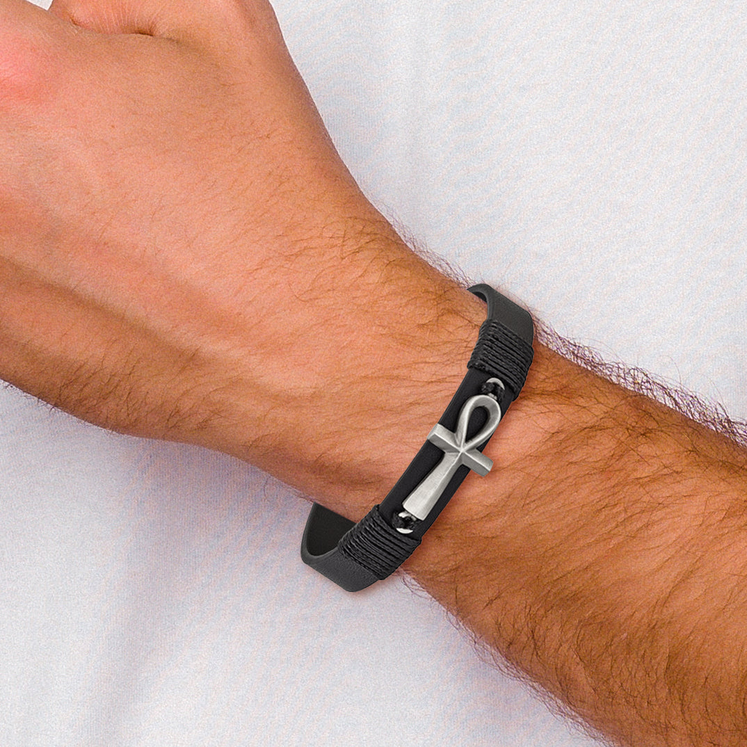 Men's Antiqued Ankh Cross Stainless Steel Bracelet 13.5mm