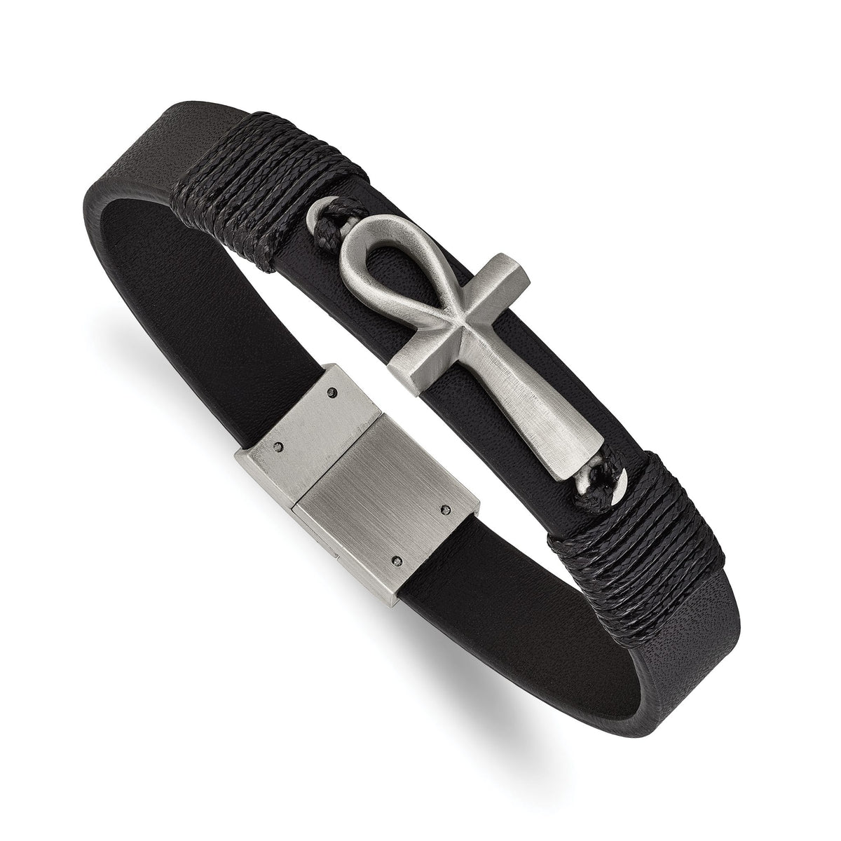 Chisel Men's Ankh Cross Black Leather Bracelet in Stainless Steel, 13.5mm - Sophia Jewelers Main image