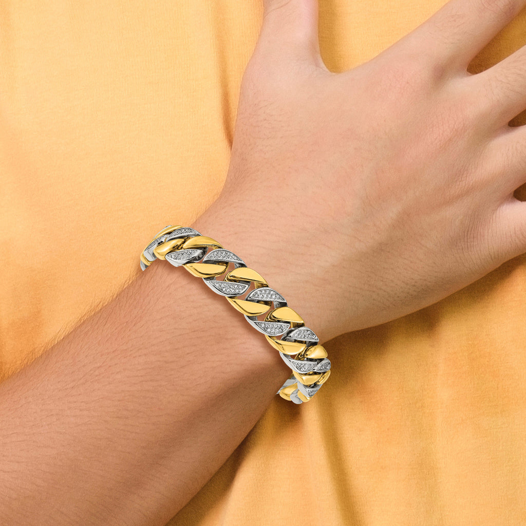 Men's Gold-Tone Polished Cubic Zirconia Stainless Steel Curb Chain Bracelet 14mm