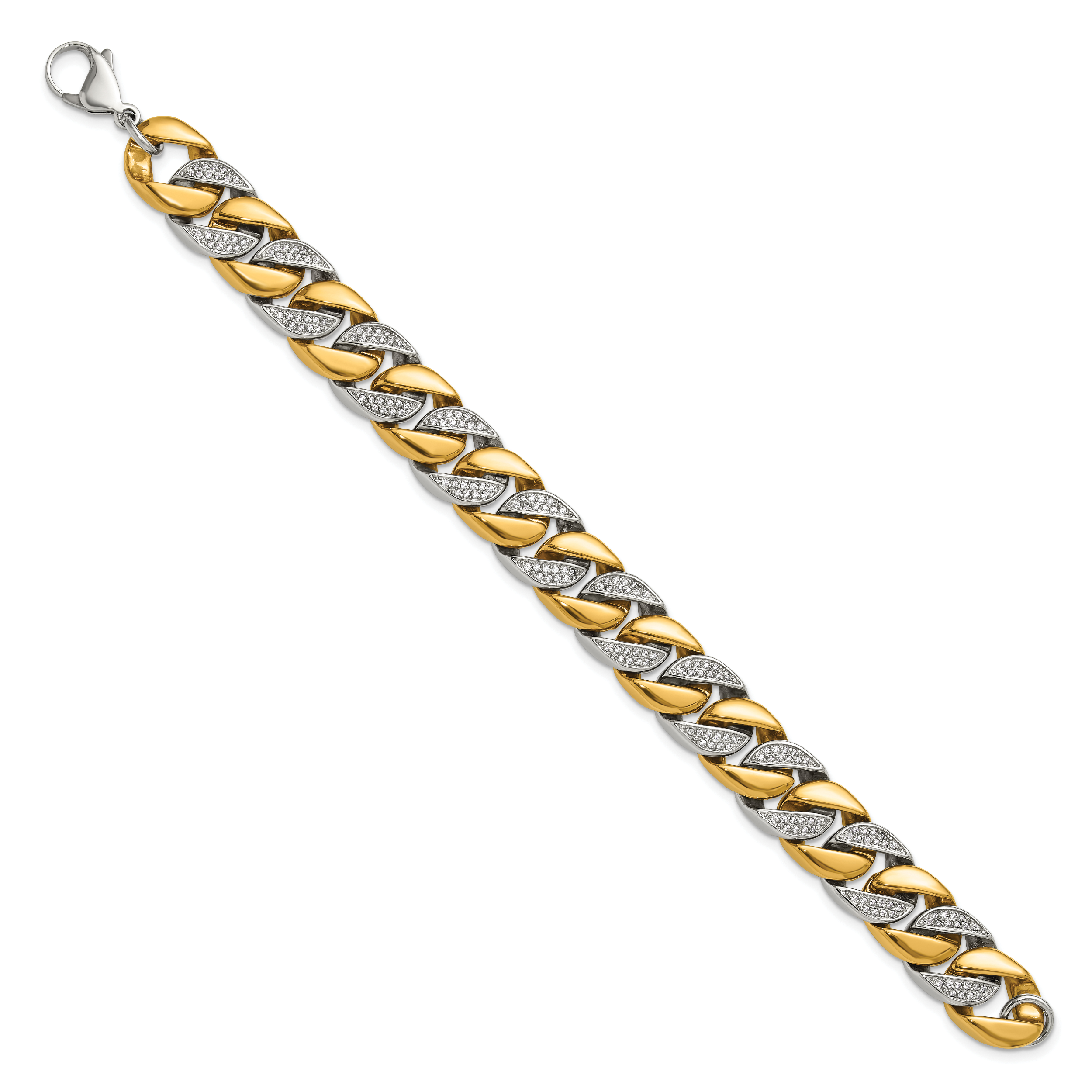 Men's Gold-Tone Polished Cubic Zirconia Stainless Steel Curb Chain Bracelet 14mm Secondary image