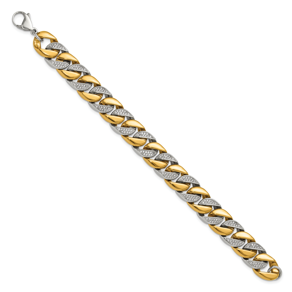 Men's Gold-Tone Polished Cubic Zirconia Stainless Steel Curb Chain Bracelet 14mm