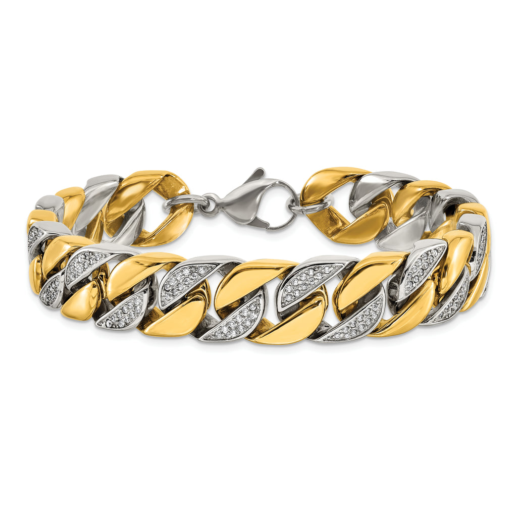 Men's Gold-Tone Polished Cubic Zirconia Stainless Steel Curb Chain Bracelet 14mm