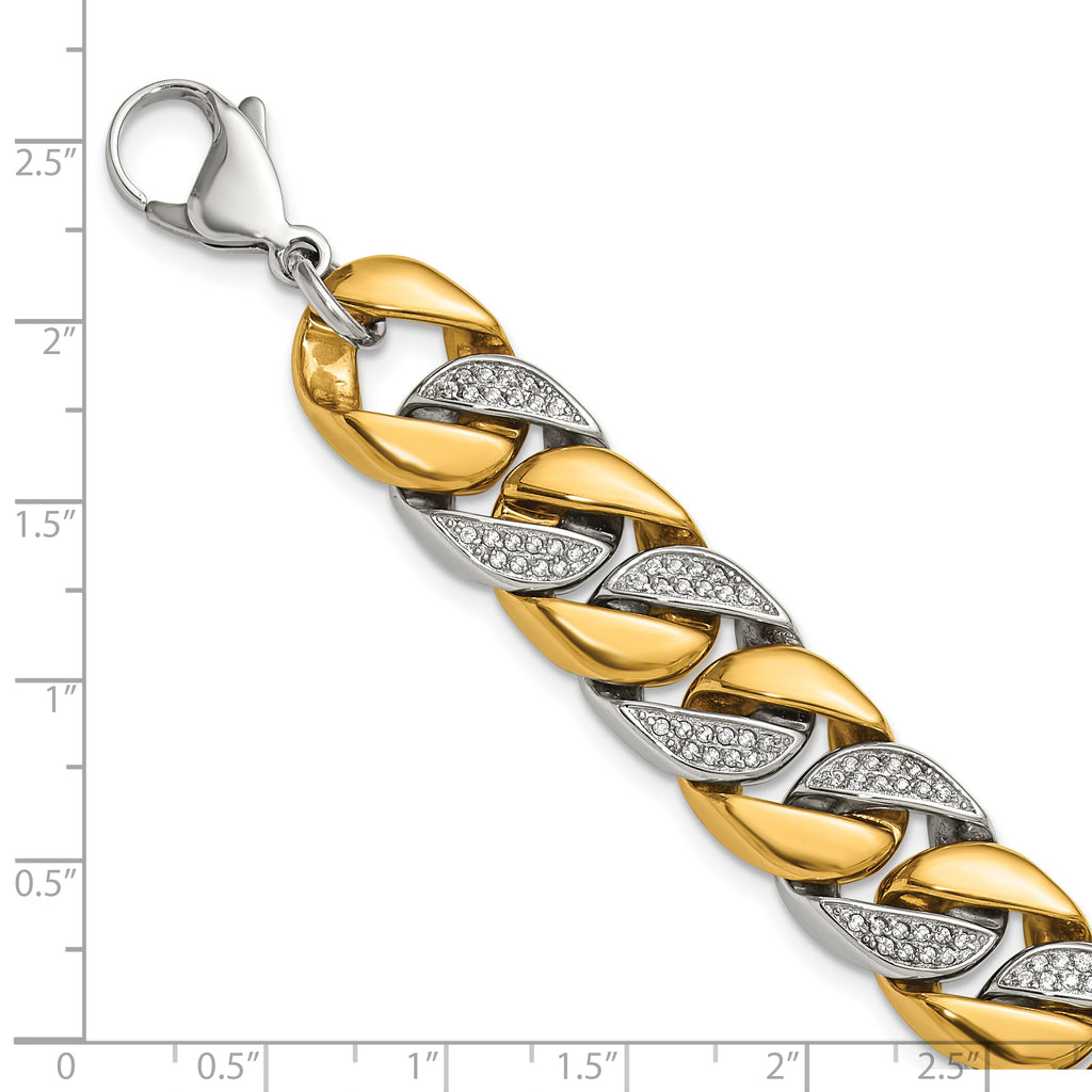 Men's Gold-Tone Polished Cubic Zirconia Stainless Steel Curb Chain Bracelet 14mm