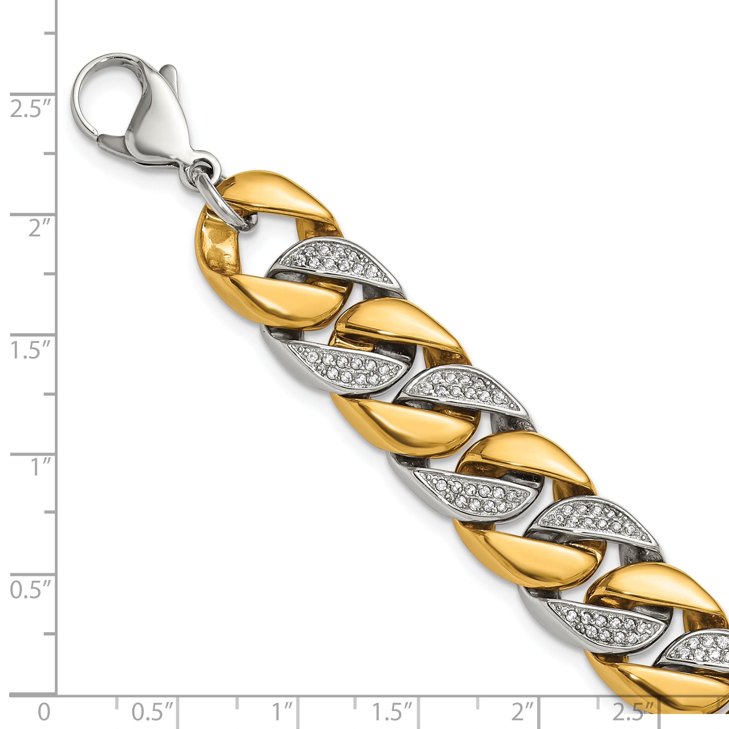 Men's Gold-Tone Polished Cubic Zirconia Stainless Steel Curb Chain Bracelet 14mm