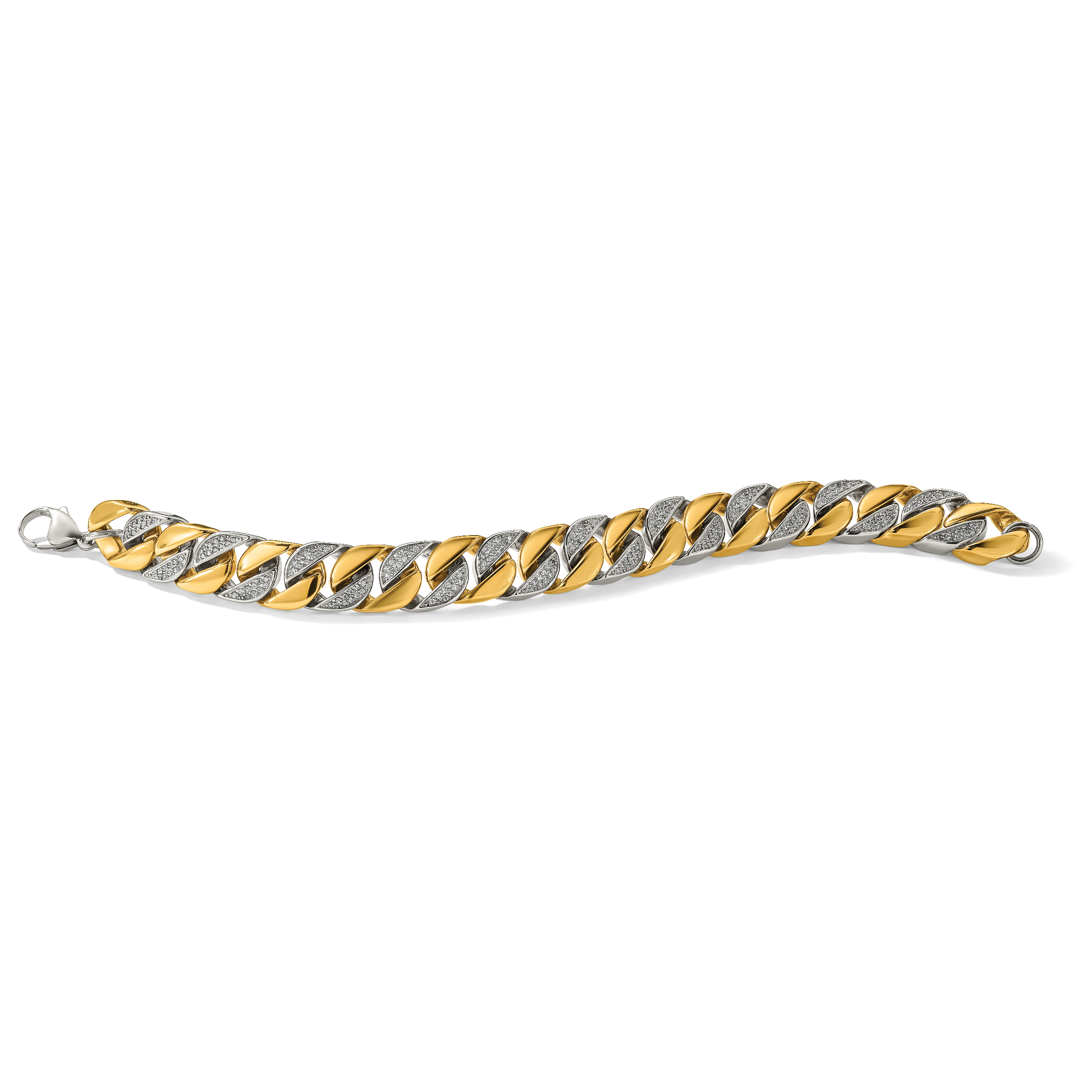 Men's Gold-Tone Polished Cubic Zirconia Stainless Steel Curb Chain Bracelet 14mm