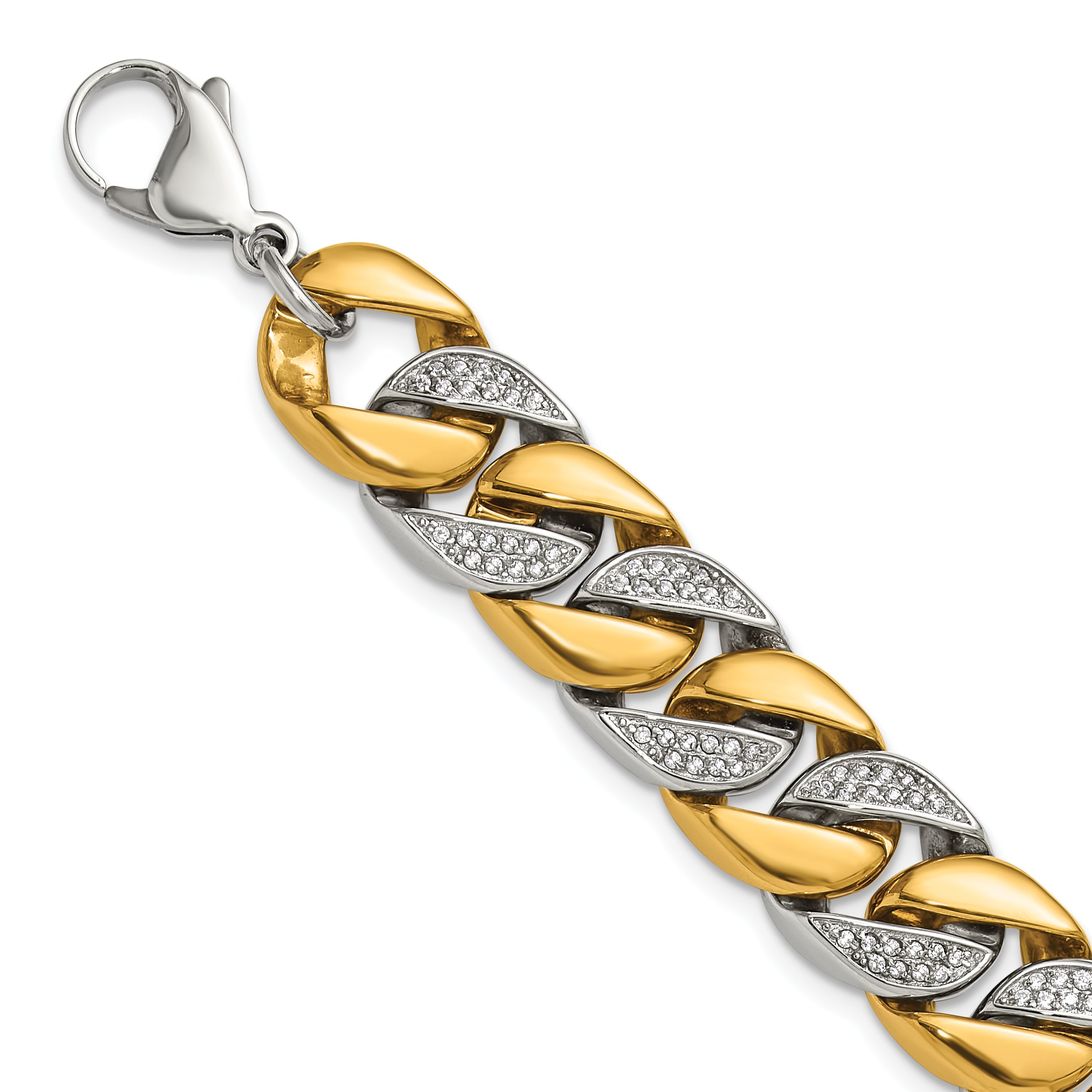 Men's Gold-Tone Polished Cubic Zirconia Stainless Steel Curb Chain Bracelet 14mm Main image
