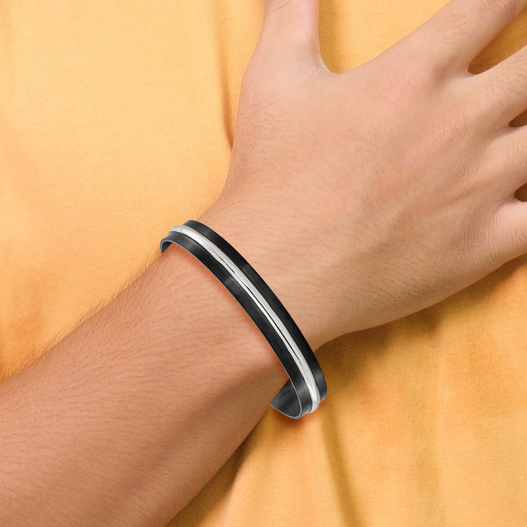 Men's Brushed and Polished Black Stainless Steel Bangle Bracelet 10mm