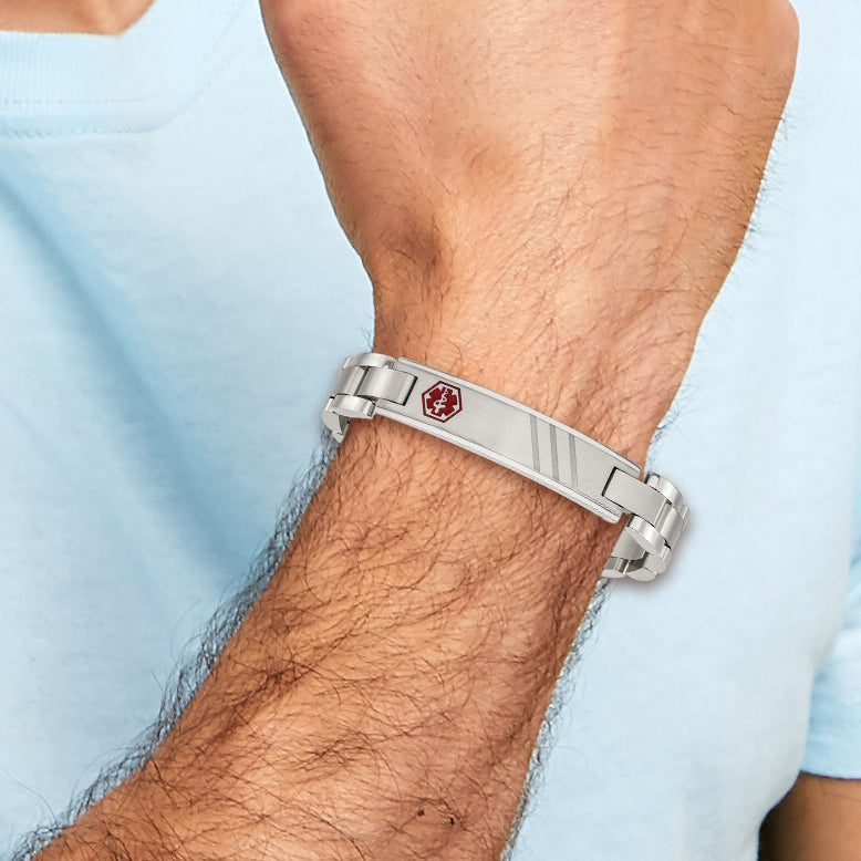Men's Brushed and Polished Red Enamel Stainless Steel Bracelet 12mm