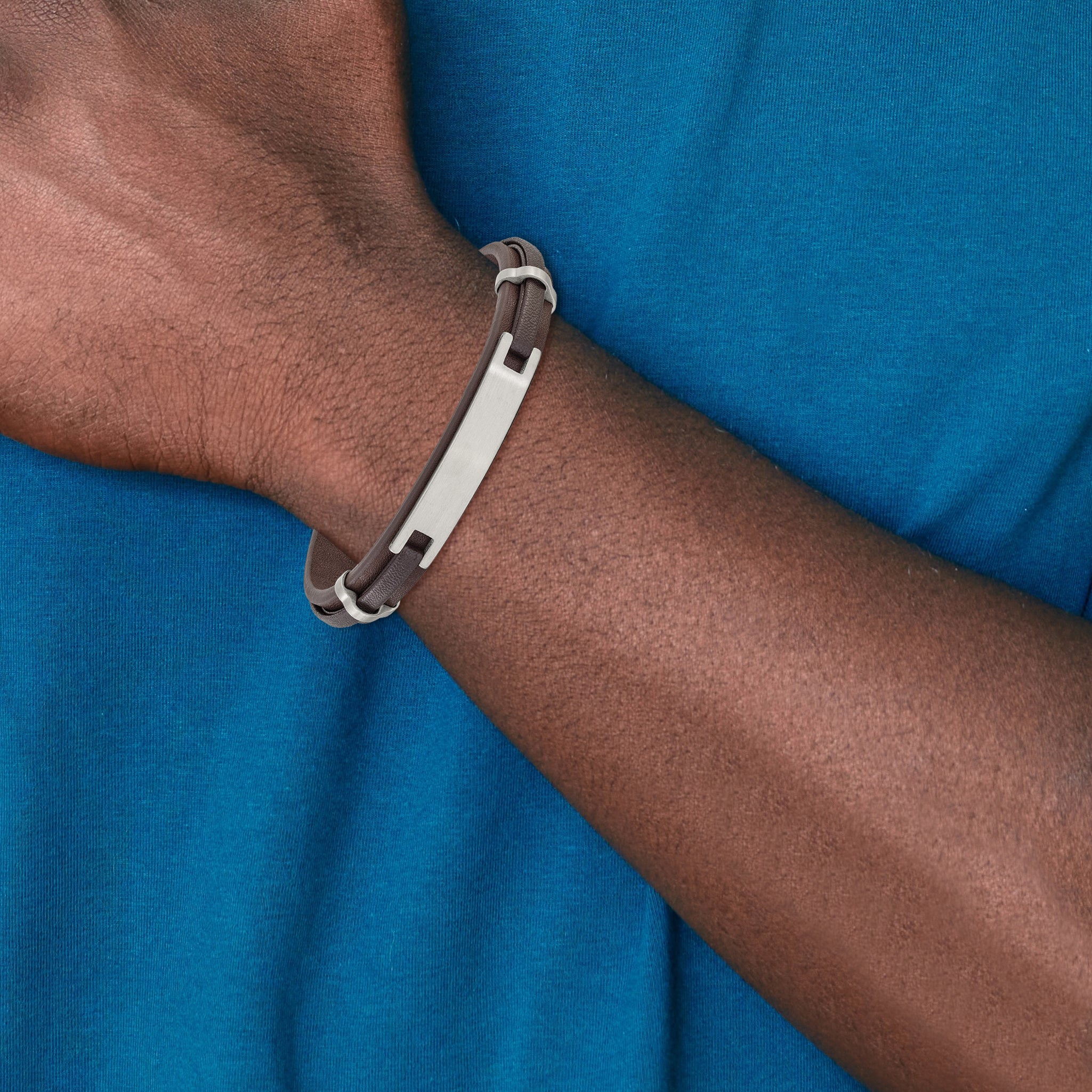 Men's Brushed Leather Stainless Steel ID Bracelet 10mm