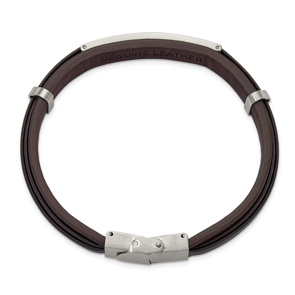 Men's Brushed Leather Stainless Steel ID Bracelet 10mm