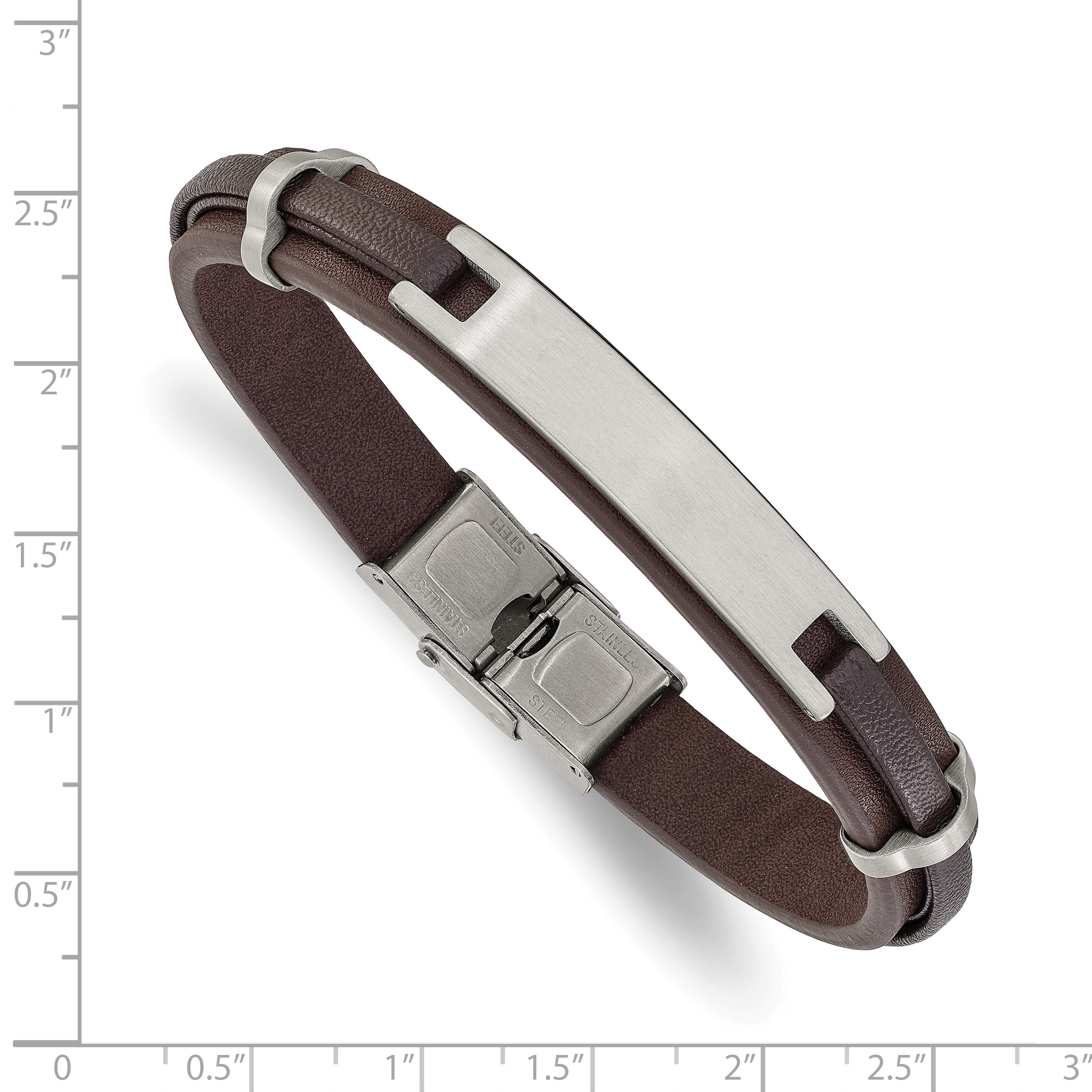 Men's Brushed Leather Stainless Steel ID Bracelet 10mm