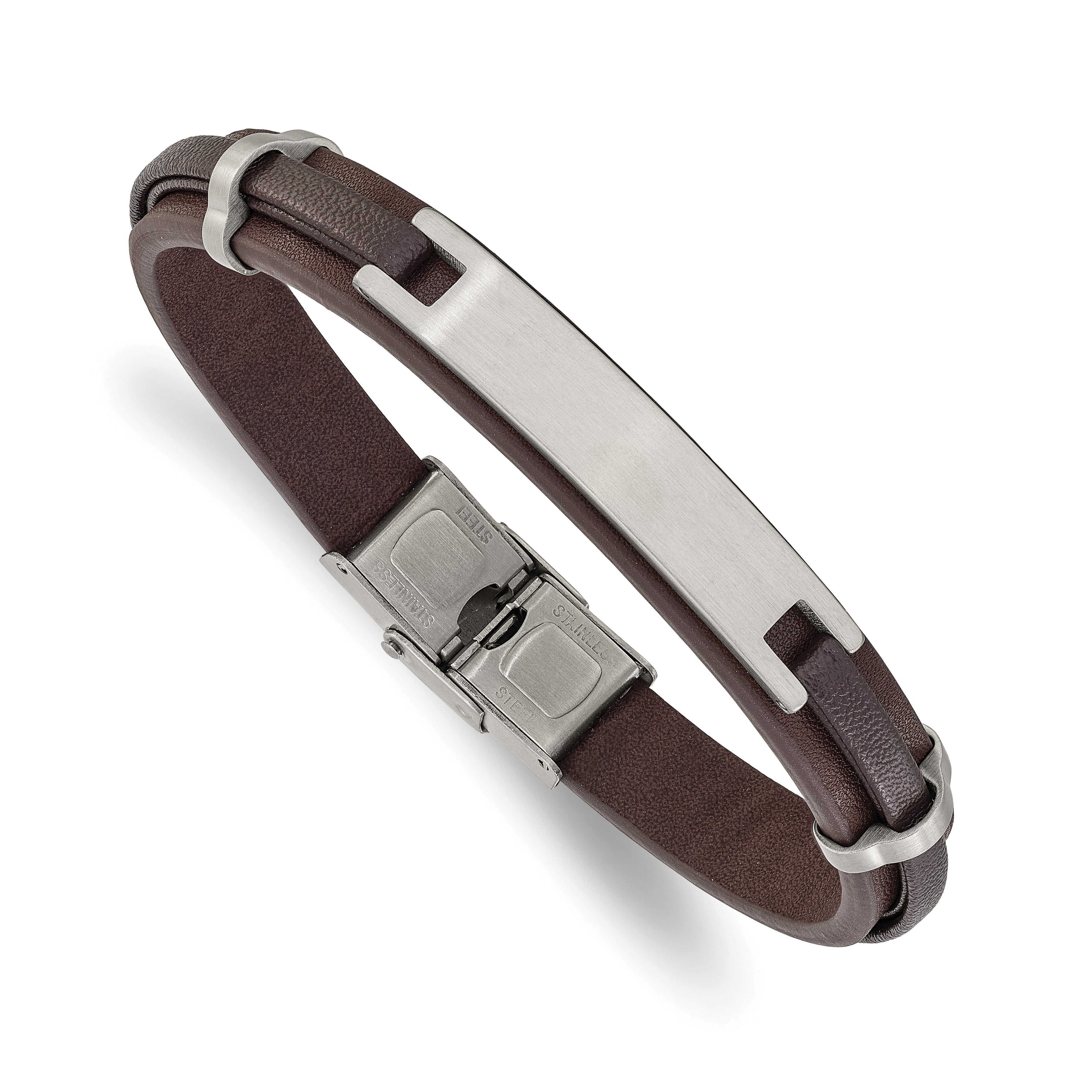 Men's Brushed Leather Stainless Steel ID Bracelet 10mm Main image