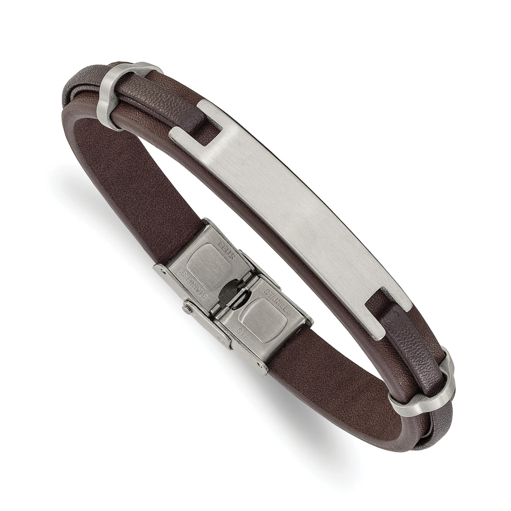 Men's Brushed Leather Stainless Steel ID Bracelet 10mm