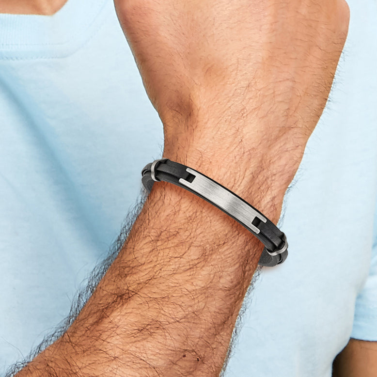 Men's Antiqued Leather Stainless Steel ID Bracelet 9.5mm