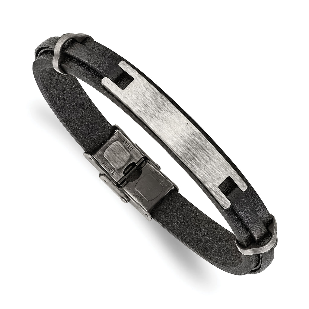 Men's Antiqued Leather Stainless Steel ID Bracelet 9.5mm