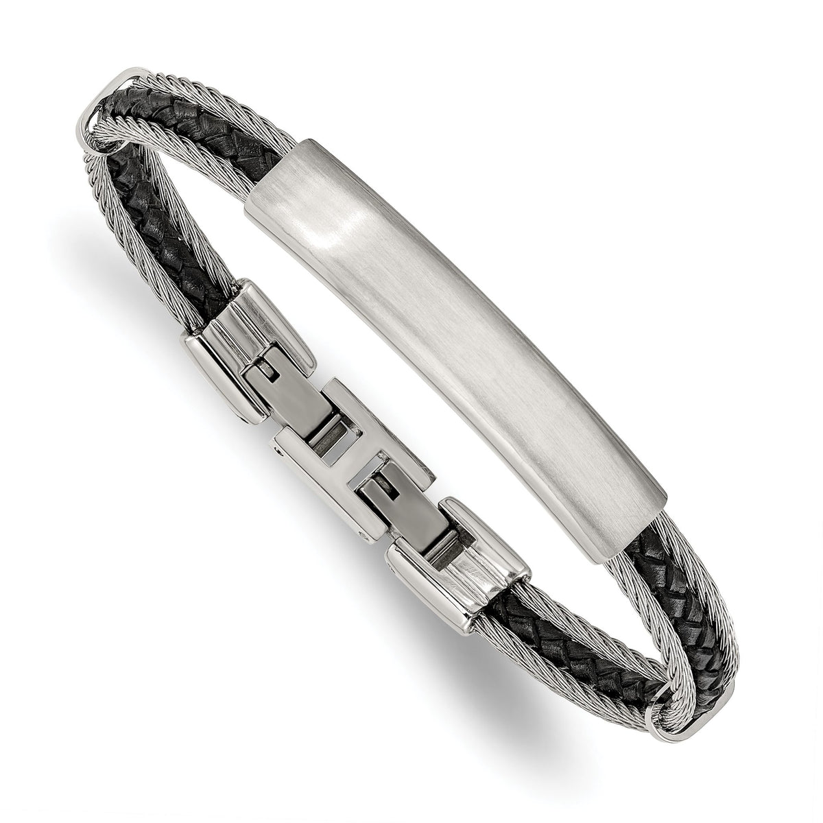 Chisel Black Leather ID Bracelet in Stainless Steel, 7mm with Extender - Sophia Jewelers Main image