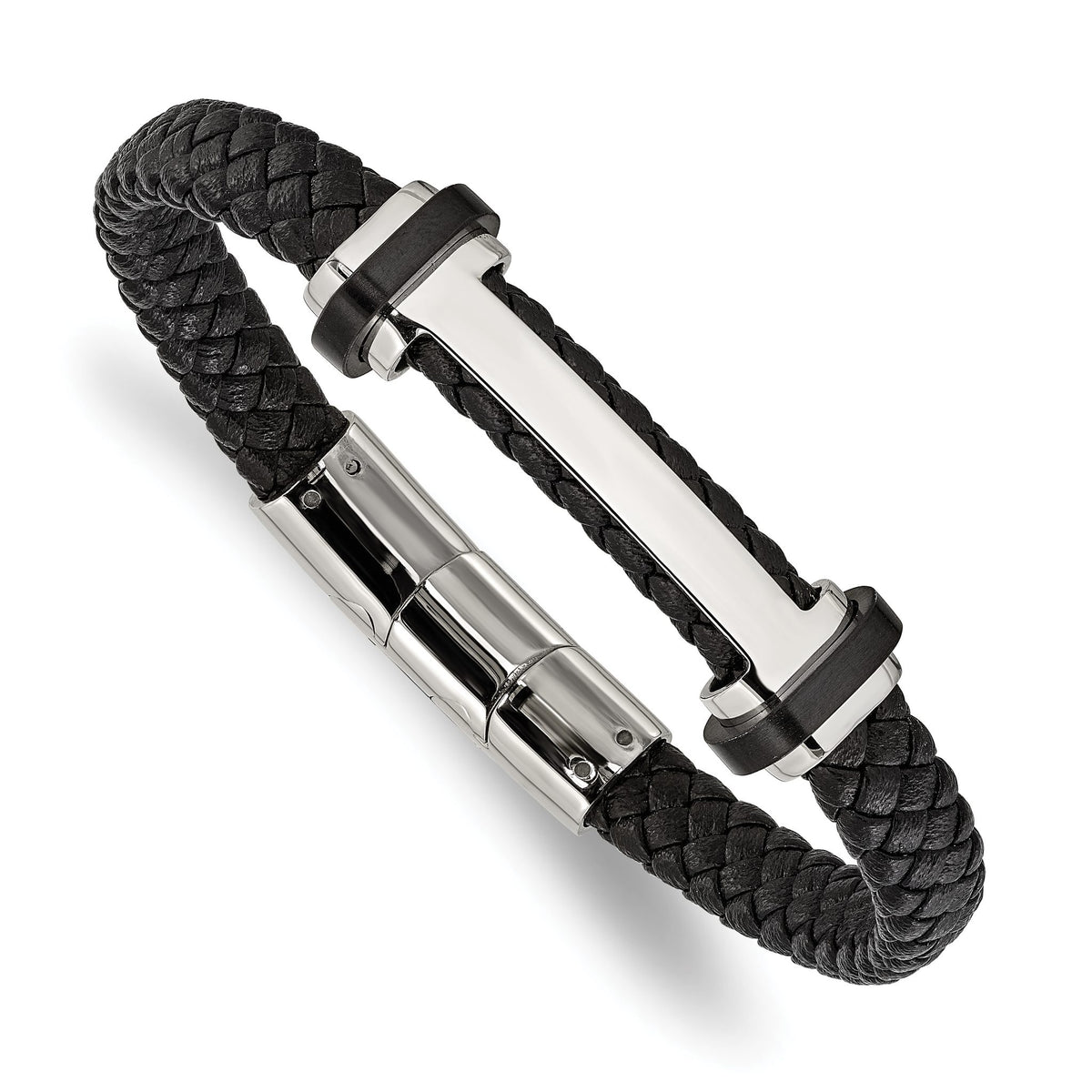 Chisel Men's Braided Black Leather Bracelet in Stainless Steel, 8mm - Sophia Jewelers Main image