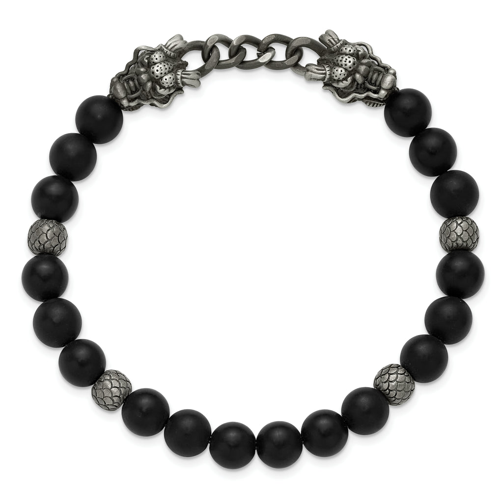 Antiqued Black Agate Dragon Stainless Steel Bracelet 8mm