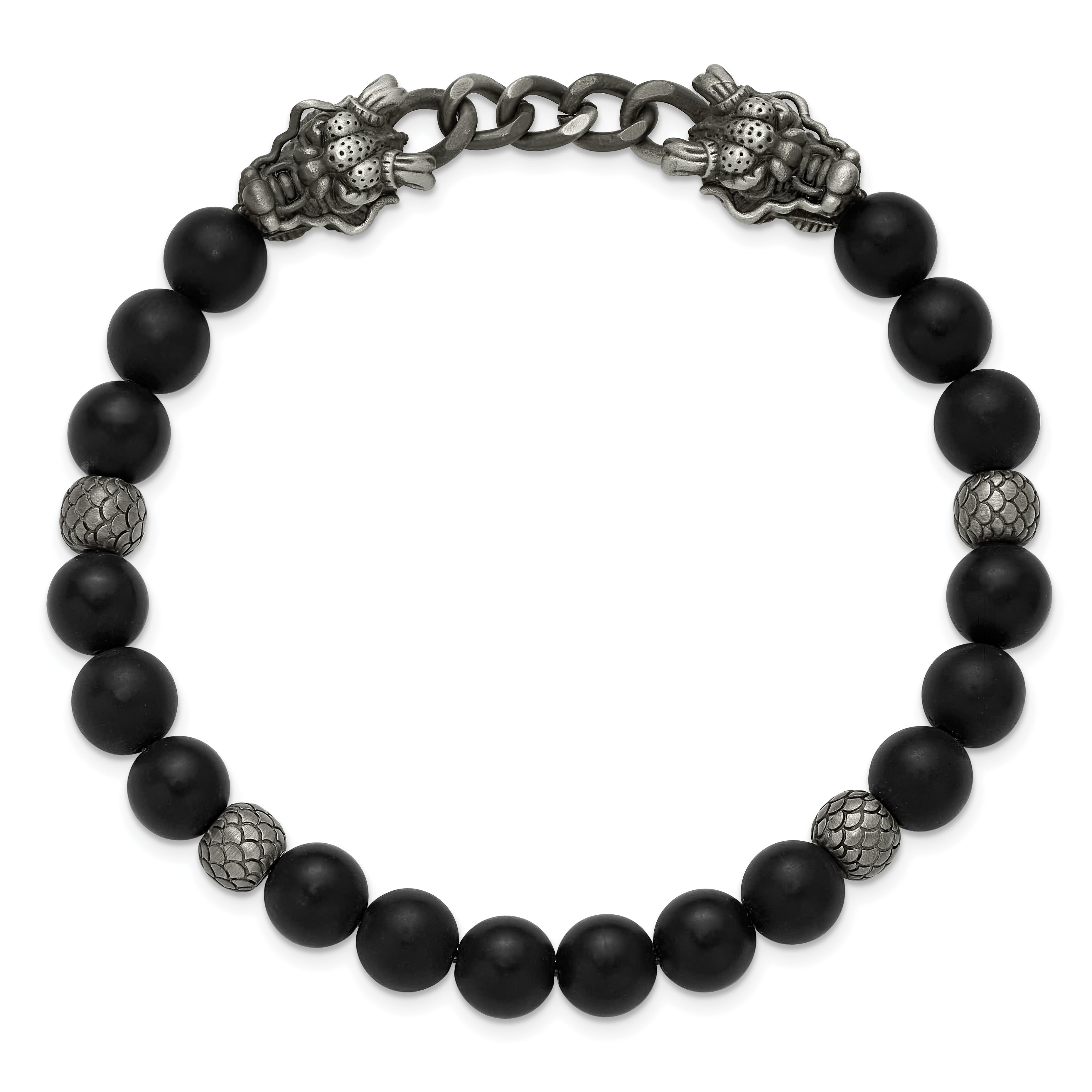 Antiqued Black Agate Dragon Stainless Steel Bracelet 8mm