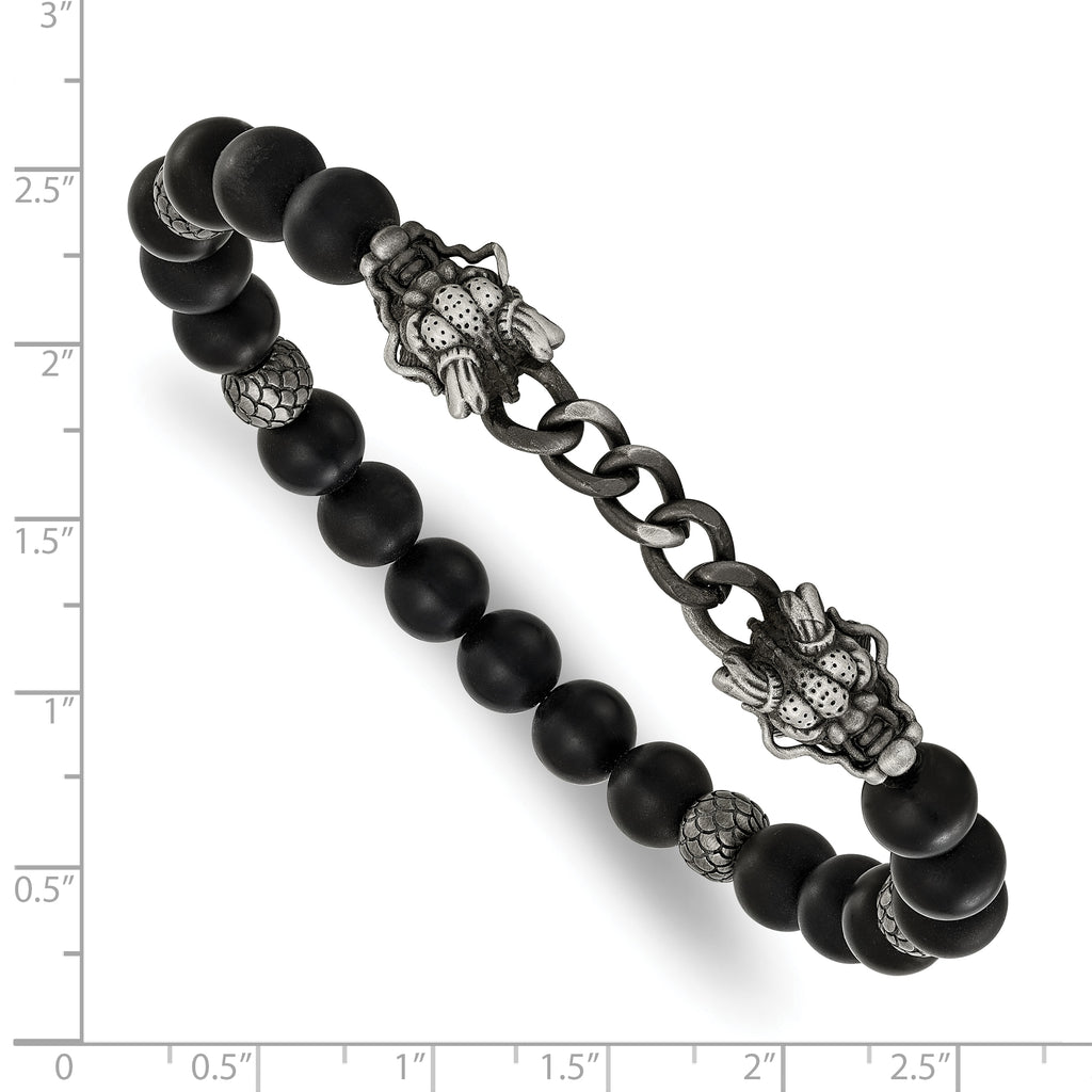 Antiqued Black Agate Dragon Stainless Steel Bracelet 8mm