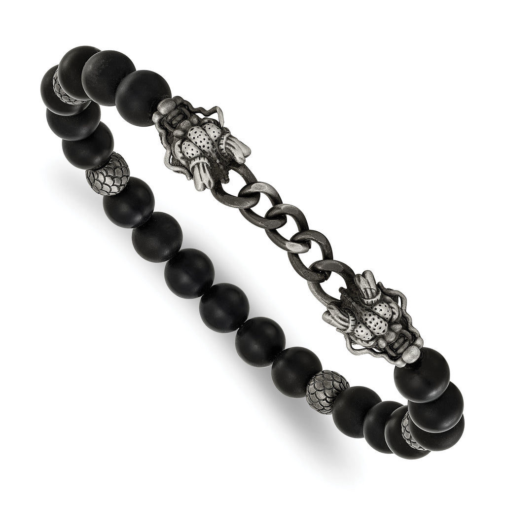 Antiqued Black Agate Dragon Stainless Steel Bracelet 8mm